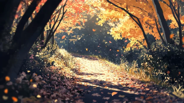 A quiet woodland path covered in autumn leaves invites peaceful strolls.