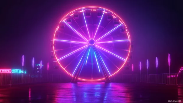 A radiant neon ferris wheel glowing against a dark evening sky, Vector illustration.