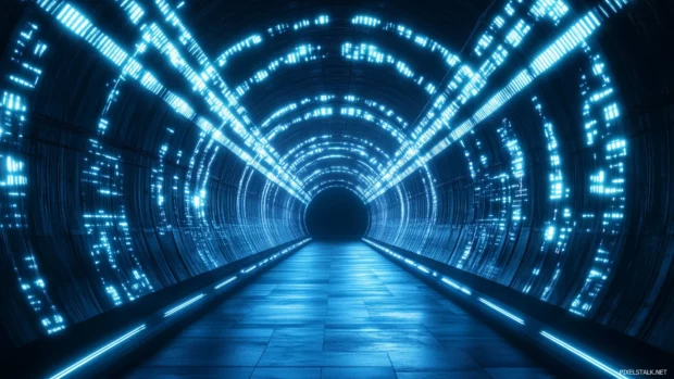 A radiant neon tunnel creating a sense of depth with glowing circular patterns, Vector illustration, D art.