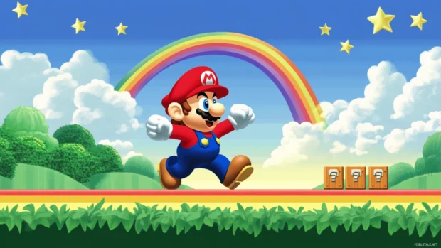 A rainbow star bridge stretches across the sky as Mario runs joyfully toward the next stage.