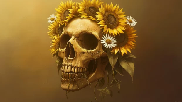 A realistic skull half covered in blooming sunflowers and daisies, with intricate shading and fine details, creating a soft contrast.