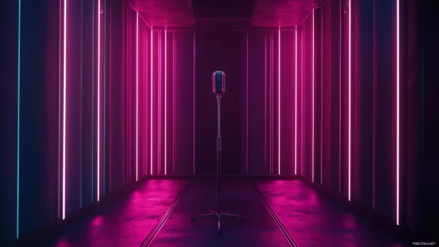 A recording booth with soundproof panels and LED lights, featuring a microphone, set in a creative, dynamic workspace.