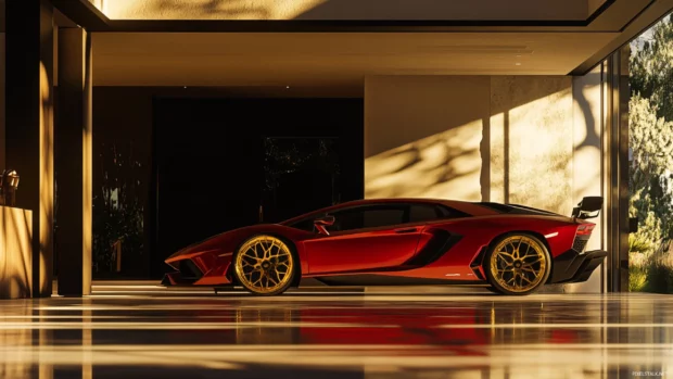 A red Aventador with gold wheels parked in a luxury garage with shadows.