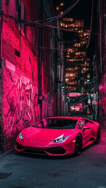 A red Lamborghini Huracan passes graffiti walls in urban alley illuminated by soft pink lights.