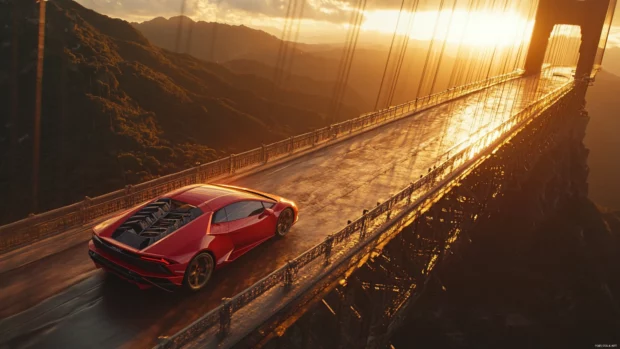 A red Lamborghini crosses a high altitude suspension bridge at sunset with lens flare.