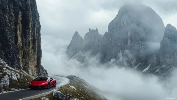 A red Lamborghini powers through a mountain pass as fog rolls in below the peaks.