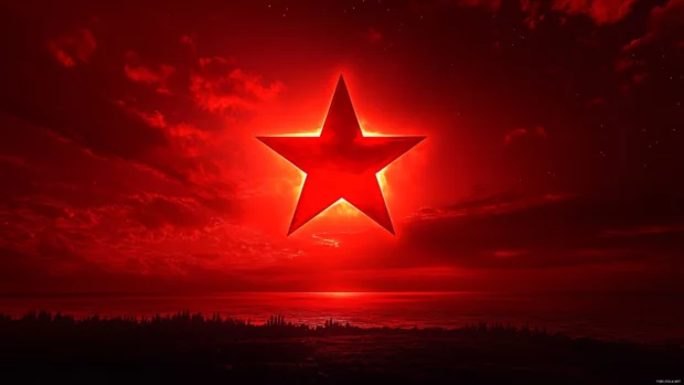 A red star blazing across a velvet twilight sky, capturing the spirit of red star wallpapers.