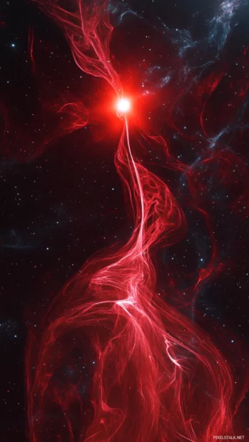 A red star dancing among dusty cosmic trails, embracing the energy of luminous scarlet starscape.