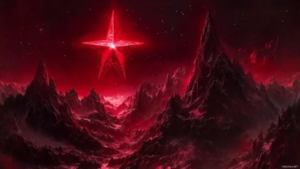 A red star drifting over ancient silver mountains, reflecting the passion within elegant crimson star wallpaper.