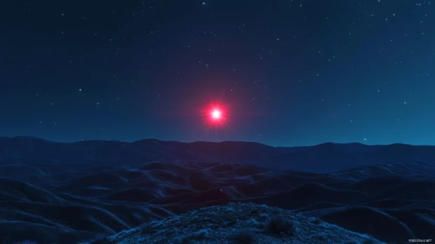 A red star glowing fiercely above rolling hills.
