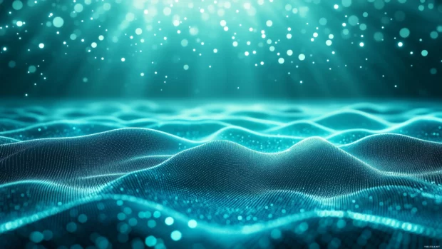 A refined retrowave neon grid in a cool blue and aqua palette, surrounded by a simple and elegant gradient sky of soft cyan and deep blue, with delicate light reflections, Retro style.
