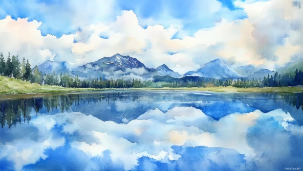 A reflections of watercolor clouds in a still mountain lake.