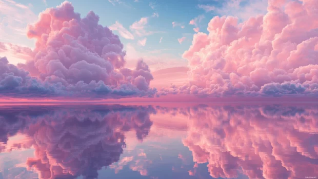 A reflective lake mirrors cotton candy skies at dusk.