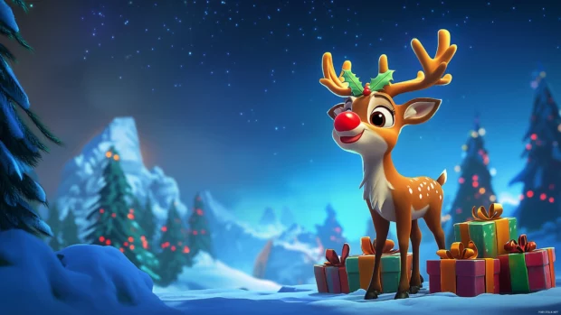 A reindeer with red nose and antlers, gifts beside it, under a starry sky.
