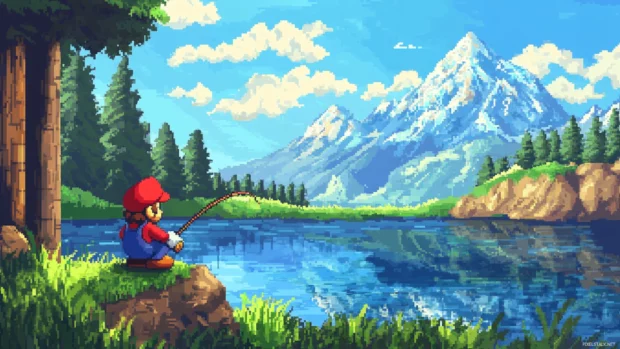 A relaxing cartoon moment of Mario fishing near a lake in a pixel styled valley.