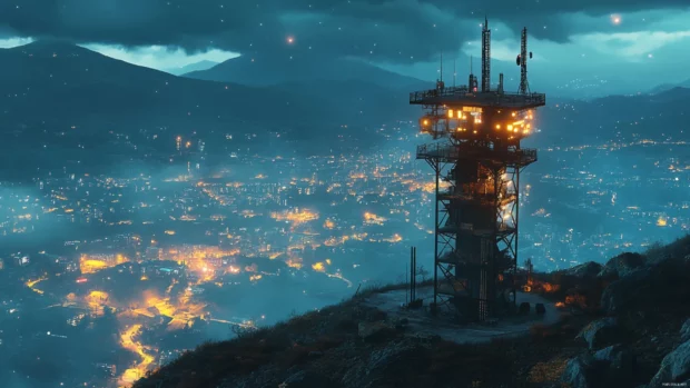 A remote hilltop tower overlooking a glowing cyberpunk city below.