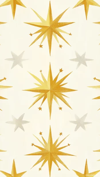 A repeating pattern of hand drawn style stars in gold and silver, arranged symmetrically over a soft cream background for a modern, clean celestial aesthetic.