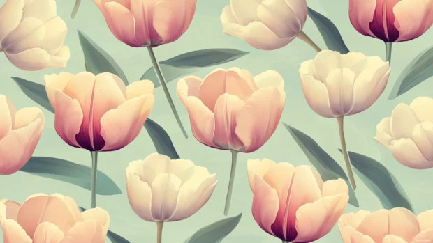 A repeating pattern of stylized tulips in pastel colors, accented by geometric shapes and vintage gradients, creating a retro floral vibe, Retro style2.