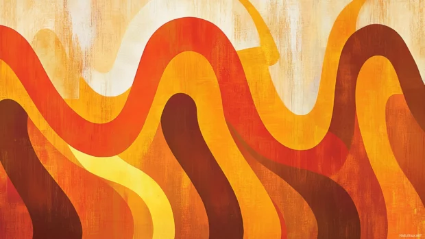 A retro 70s wallpaper featuring a warm color palette with geometric patterns, swirling orange, yellow, and brown tones, and vintage textures, Retro style.