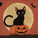 A retro Halloween wallpaper featuring a retro cartoon style black cat sitting on a pumpkin with bats flying around a creepy full moon, Retro style.