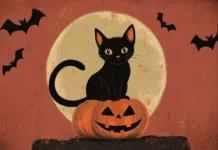 A retro Halloween wallpaper featuring a retro cartoon style black cat sitting on a pumpkin with bats flying around a creepy full moon, Retro style.