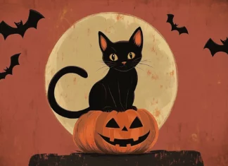 A retro Halloween wallpaper featuring a retro cartoon style black cat sitting on a pumpkin with bats flying around a creepy full moon, Retro style.