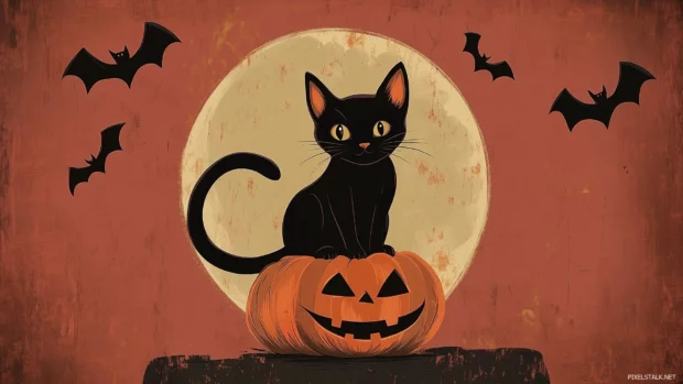 A retro Halloween wallpaper featuring a retro cartoon style black cat sitting on a pumpkin with bats flying around a creepy full moon, Retro style.