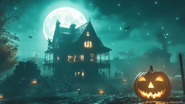 A retro Halloween wallpaper featuring a spooky 950s style haunted house, a glowing jack o lantern, and ghostly figures under a full moon, Retro style.