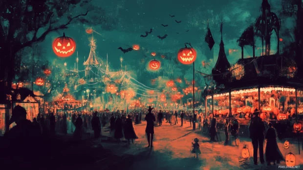 A retro Halloween wallpaper featuring a vintage Halloween parade with old school costumed characters, jack o lanterns, and a nostalgic holiday atmosphere, Retro style.