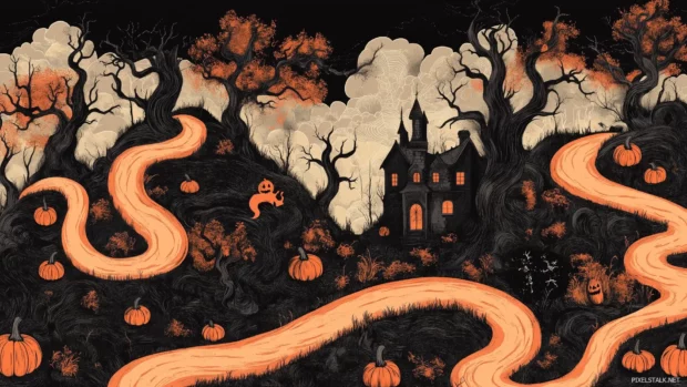 A retro Halloween wallpaper with a 70s inspired design of a spooky forest, complete with eerie mist, twisted trees, and glowing orange pumpkins, Retro style.