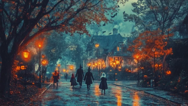 A retro Halloween wallpaper with vintage style trick or treaters wearing classic costumes like witches, ghosts, and skeletons, walking through a street lined with old fashioned lanterns.