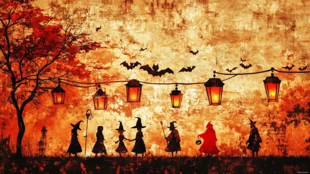 A retro Halloween wallpaper with vintage style trick or treaters wearing classic costumes like witches, ghosts, skeletons, walking through a street lined with old fashioned lanterns, Retro style.