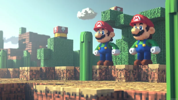 A retro Mario and Luigi Wallpaper inspired by 8 bit pixel worlds and underground tunnels.
