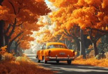 A retro car parked along a quiet forest road surrounded by orange trees.