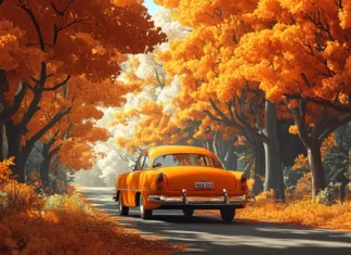 A retro car parked along a quiet forest road surrounded by orange trees.
