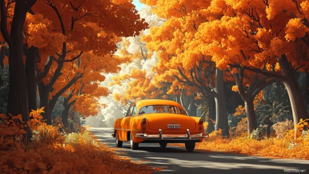 A retro car parked along a quiet forest road surrounded by orange trees.