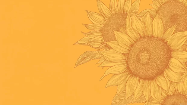 A retro floral wallpaper showcasing sunflowers with bold outlines, set against a warm ochre background with subtle halftone textures1.