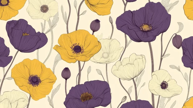 A retro floral wallpaper with whimsical poppies in bold yellow and purple tones, arranged on a soft cream background with intricate line details, Retro style2.