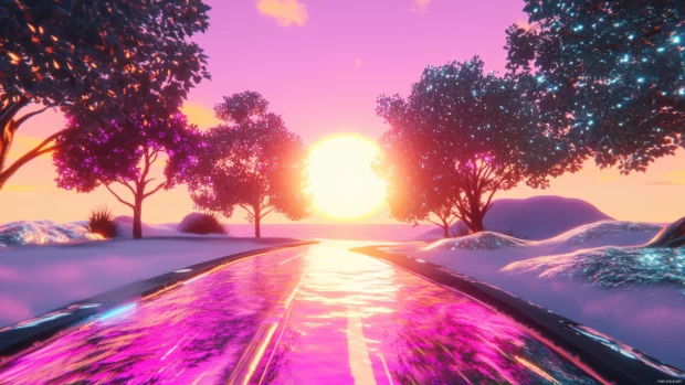 A retro futurism inspired wallpaper showing a holographic landscape with digital trees and a glowing sun, blending retro tech aesthetics with a utopian vision of the future.