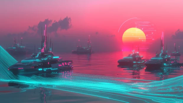 A retro futurism wallpaper featuring a digital ocean with glowing neon waves, futuristic boats, and a sunset filled with vibrant retro colors like pink, teal, and orange, Retro style.