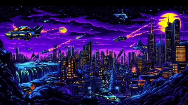A retro futurism wallpaper featuring a neon lit cityscape with flying cars and towering skyscrapers under a glowing purple sky, blending vintage and futuristic elements, Retro style.