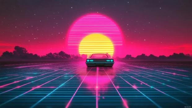 A retro futurism wallpaper featuring a vintage car racing through a neon grid with a glowing pink and blue skyline, reminiscent of 80s sci fi aesthetics, Retro style.