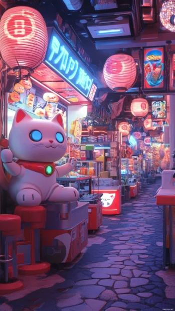 A retro futuristic street full of robotic food stalls and neon cats.