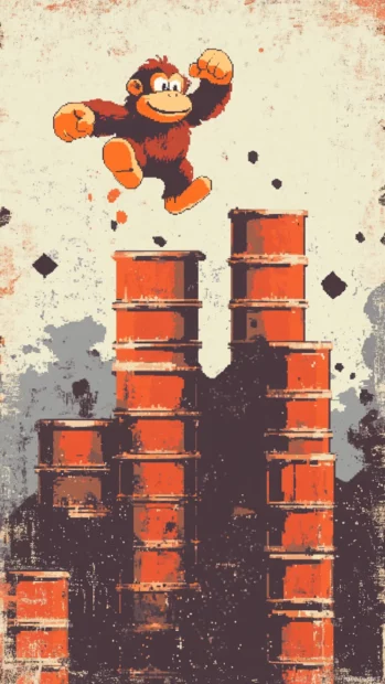 A retro gaming iPhone background, showing Donkey Kong throwing barrels from atop a pixelated scaffolding.