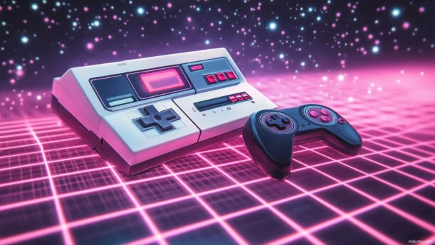 A retro gaming wallpaper showcasing a pixelated arcade machine with neon lights, glowing buttons, and a vibrant grid background.