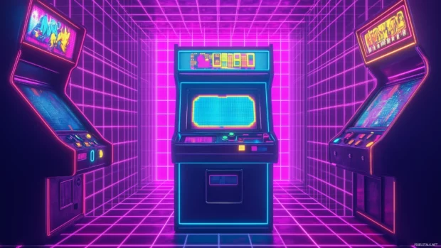 A retro gaming wallpaper showcasing a pixelated arcade machine with neon lights, glowing buttons, and a vibrant grid background, Retro style.
