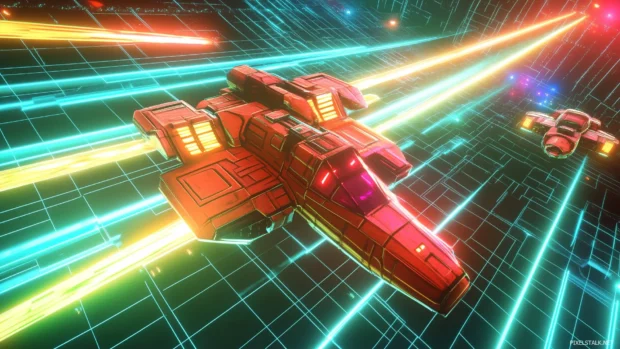 A retro gaming wallpaper with an 80s inspired grid background, featuring pixel art spaceships and laser beams in vivid neon colors, Retro style.