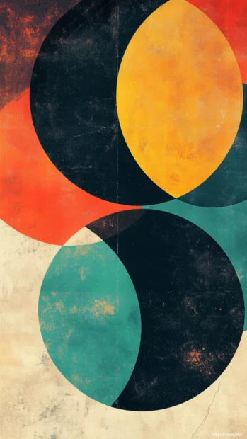 A retro iPhone wallpaper featuring bold geometric shapes in vibrant orange, teal, and yellow, with subtle texture and vintage gradients.