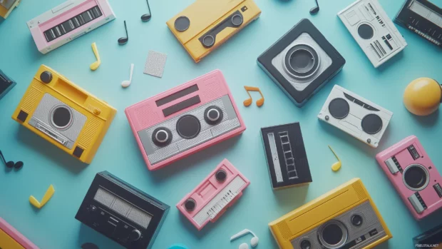 A retro inspired tile pattern showcasing boomboxes, cassette tapes, and musical notes, with a pop of bright colors on a muted background, evoking a nostalgic music vibe.