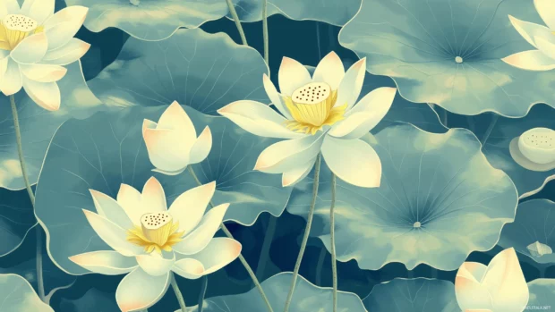 A retro inspired wallpaper featuring lotus flowers and lily pads in soft pastel colors, with bold outlines and a vintage teal background, Retro style.